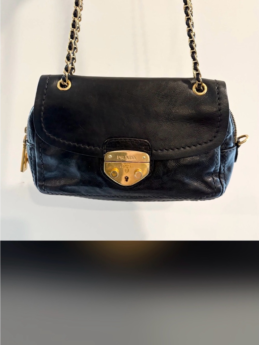 Prada Black Leather Mini Chain Shoulder Bag with Gold Hardware